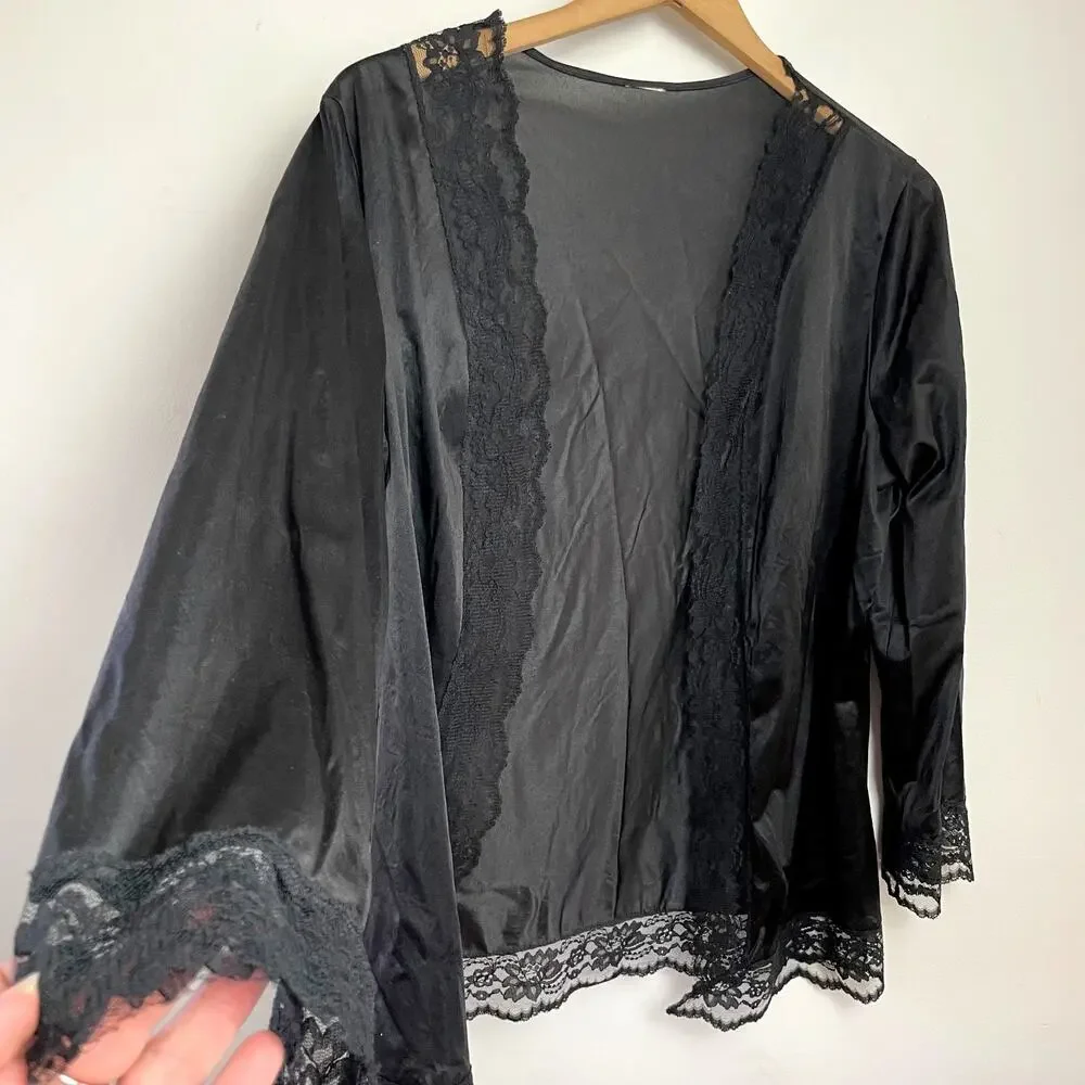 Vintage Black Nylon Lace Robe Whimsigoth‎ Dark Coquette Romantic Witchy Ethereal